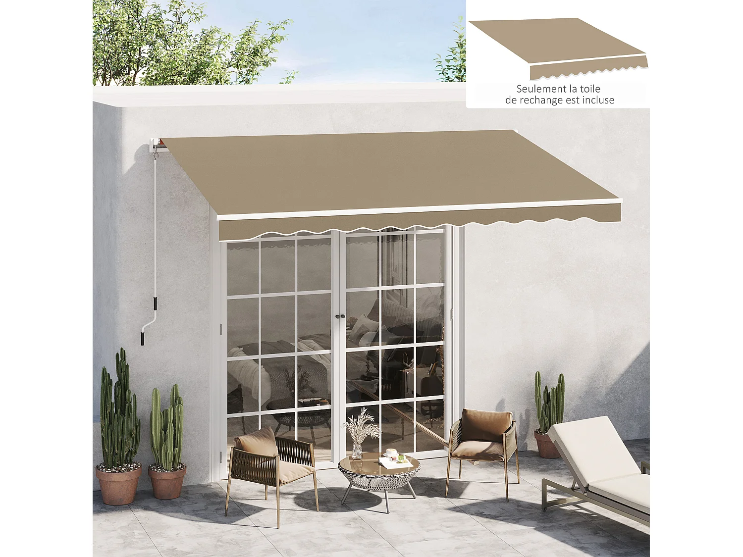 Toile de rechange store banne - lambrequin vagues douces - polyester haute densité 280 g/m² anti-UV dim. 3,82L x 2,4l (avancée) m café latte