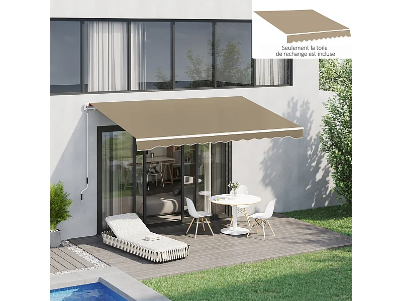 Toile de rechange store banne - lambrequin vagues douces - polyester haute densité 280 g/m² anti-UV dim. 3,82L x 2,4l (avancée) m café latte