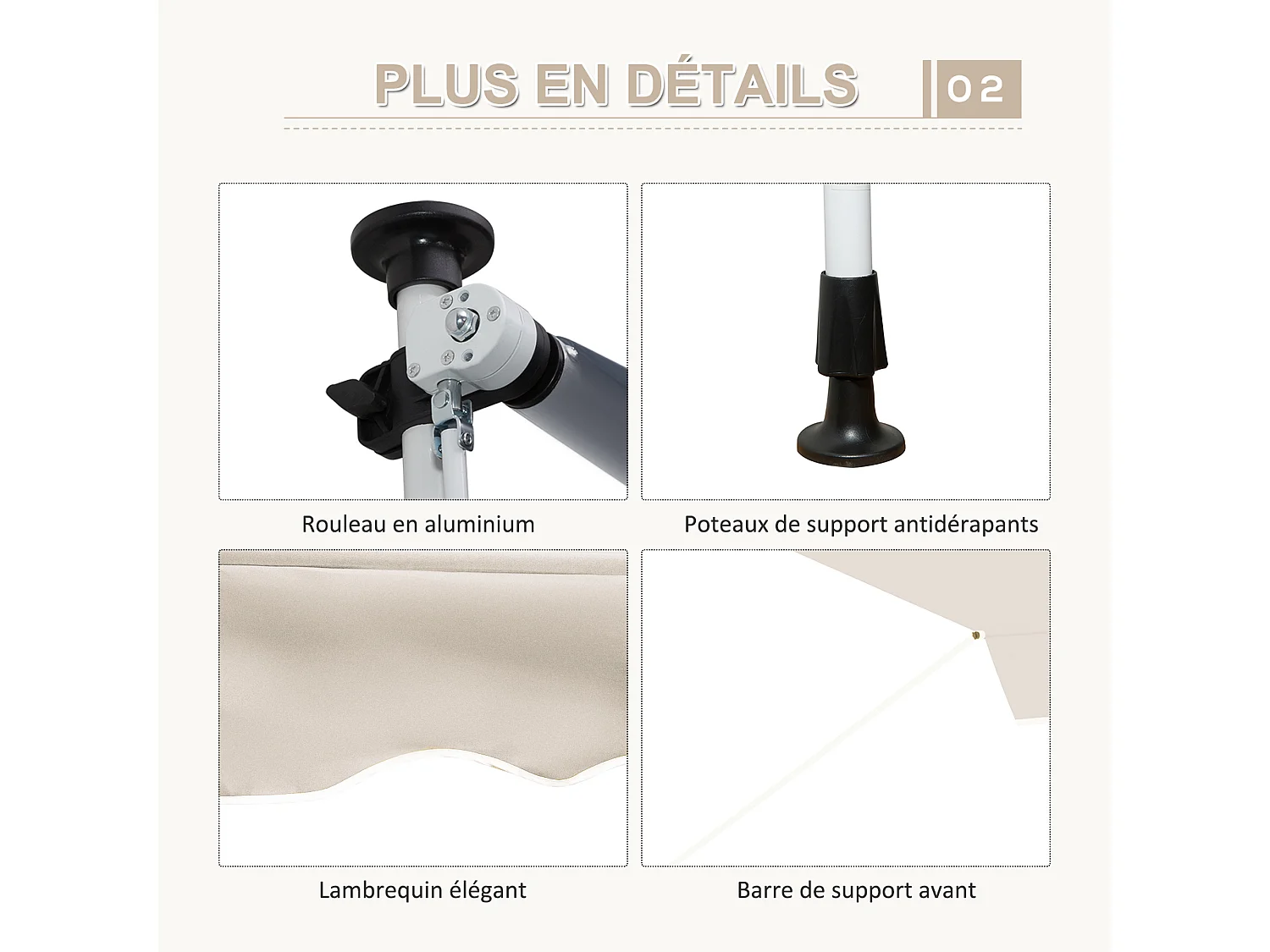 Store banne manuel rétractable 4L x 1,2l m inclinaison et hauteur réglable installation rapide métal alu polyester anti-UV crème