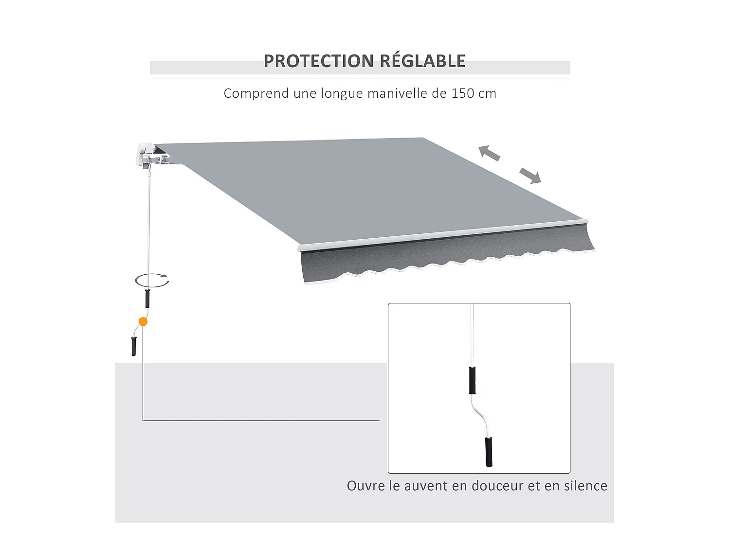 Store banne manuel rétractable alu. polyester imperméabilisé haute densité 4 x 2,5 m gris