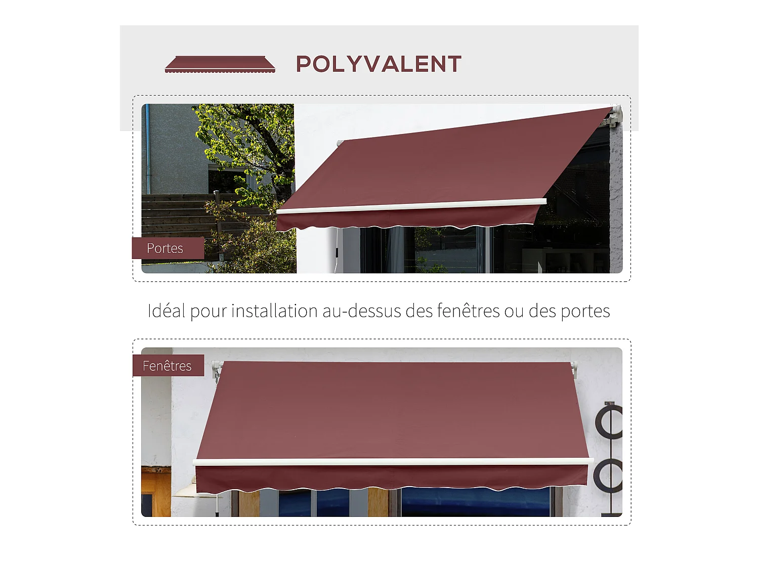 Store banne manuel rétractable aluminium polyester imperméabilisé 3,5L x 2,5l m bordeaux