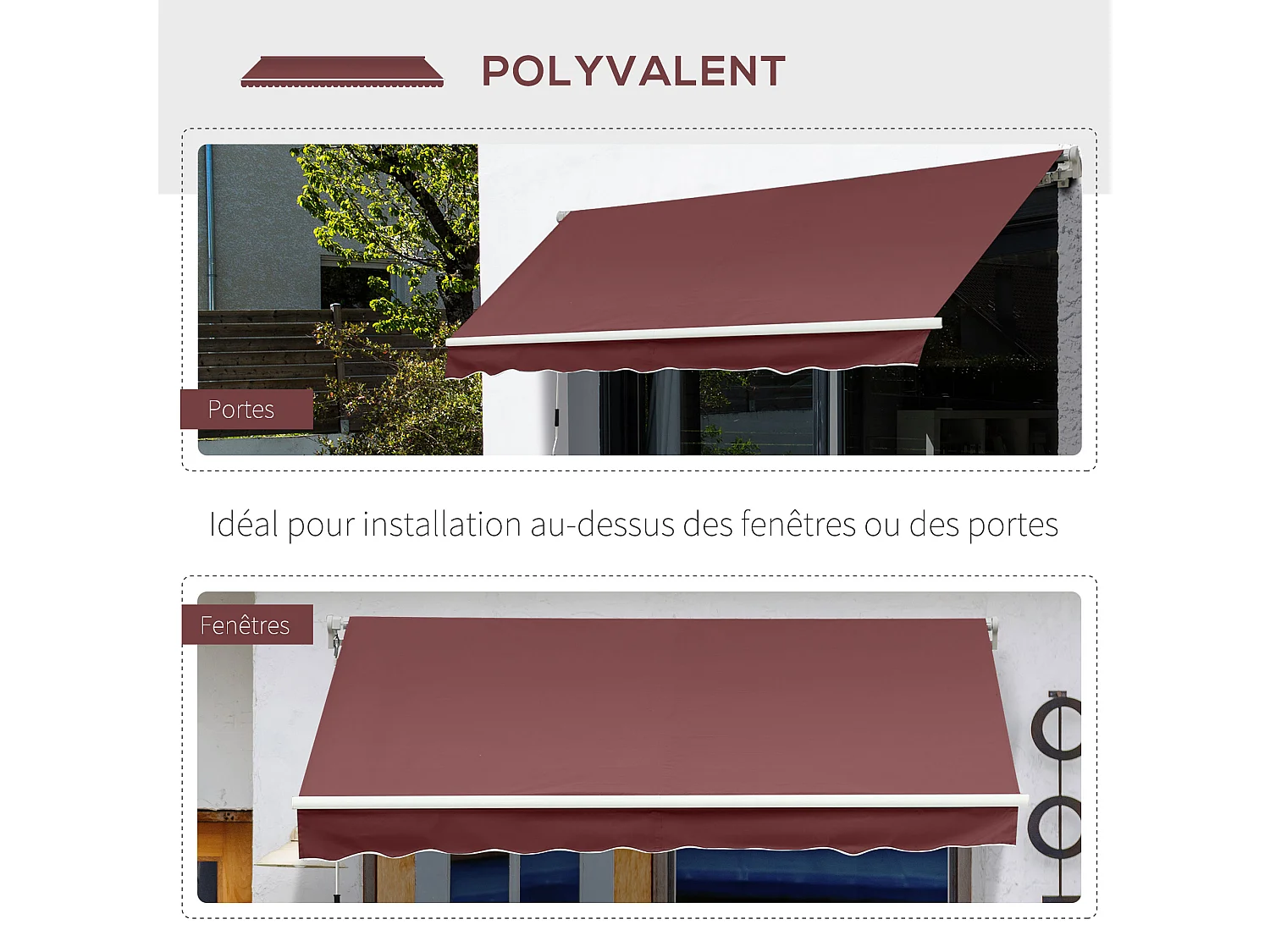 Store banne manuel rétractable aluminium polyester imperméabilisé 3,5L x 2,5l m bordeaux