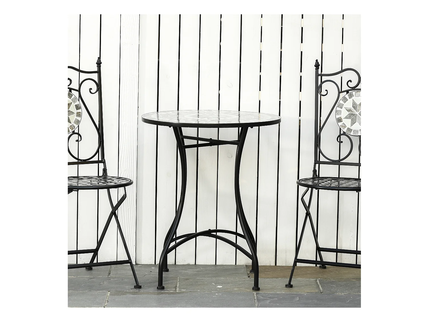 Table ronde style fer forgé bistro plateau mosaïque motif rose des vents métal époxy anticorrosion noir céramique