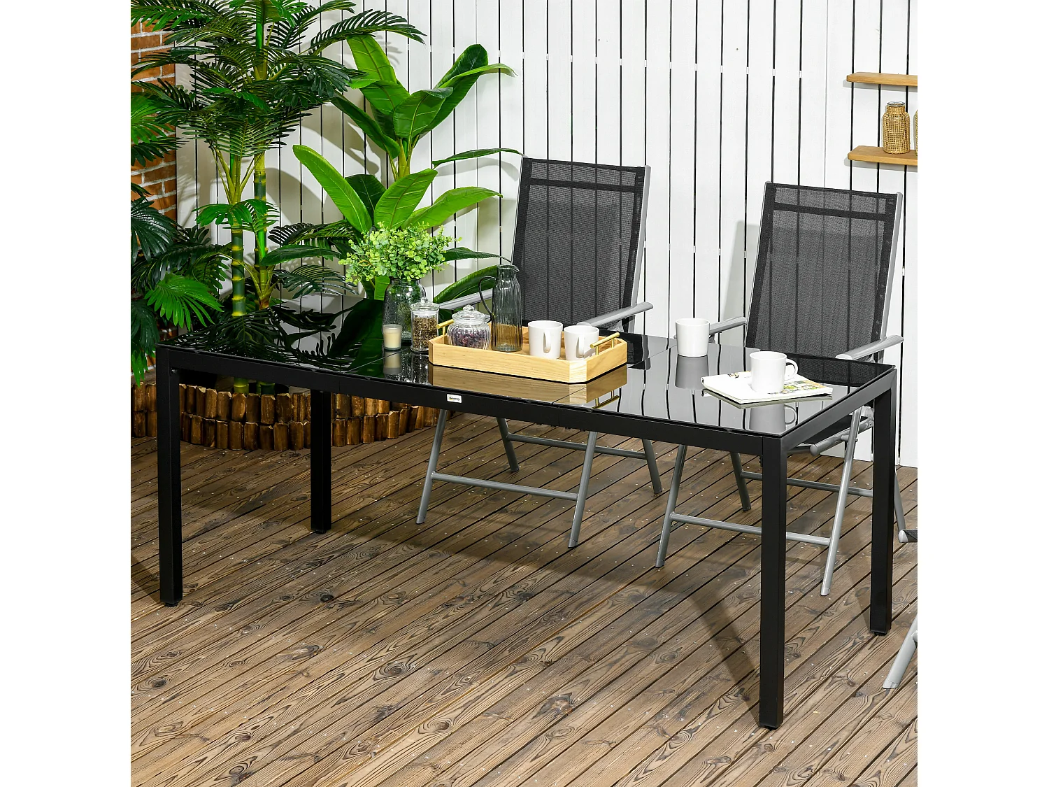 Table de jardin rectangulaire 8 personnes dim. 180L x 80l x 72H cm alu. plateau verre trempé noir