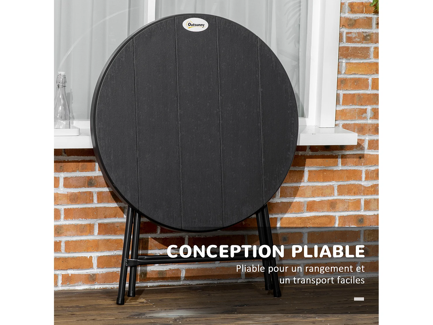 Table de jardin pliable 4 personnes table ronde pliante Ø 80 cm acier époxy plateau HDPE aspect bois gris