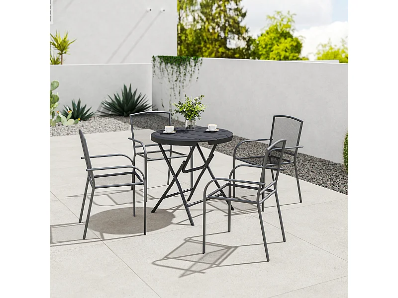 Table de jardin pliable 4 personnes table ronde pliante Ø 80 cm acier époxy plateau HDPE aspect bois gris