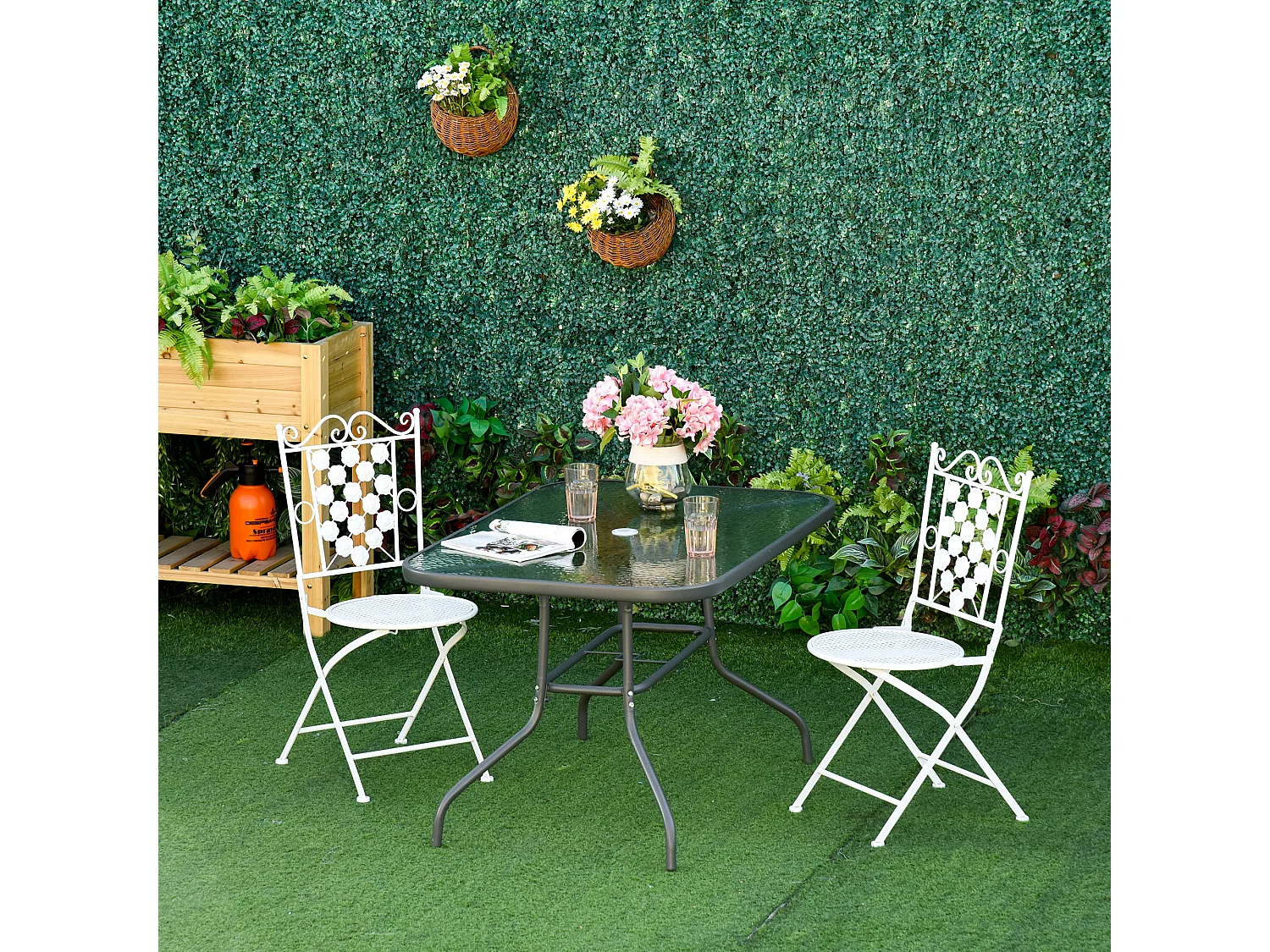 Table de jardin rectangulaire dim. 140L X 80l x 70H cm métal époxy gris plateau verre trempé