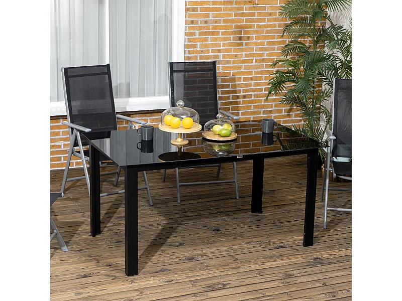 Table de jardin rectangulaire 6 personnes dim. 150L x 90l x 74H cm alu. plateau verre trempé noir