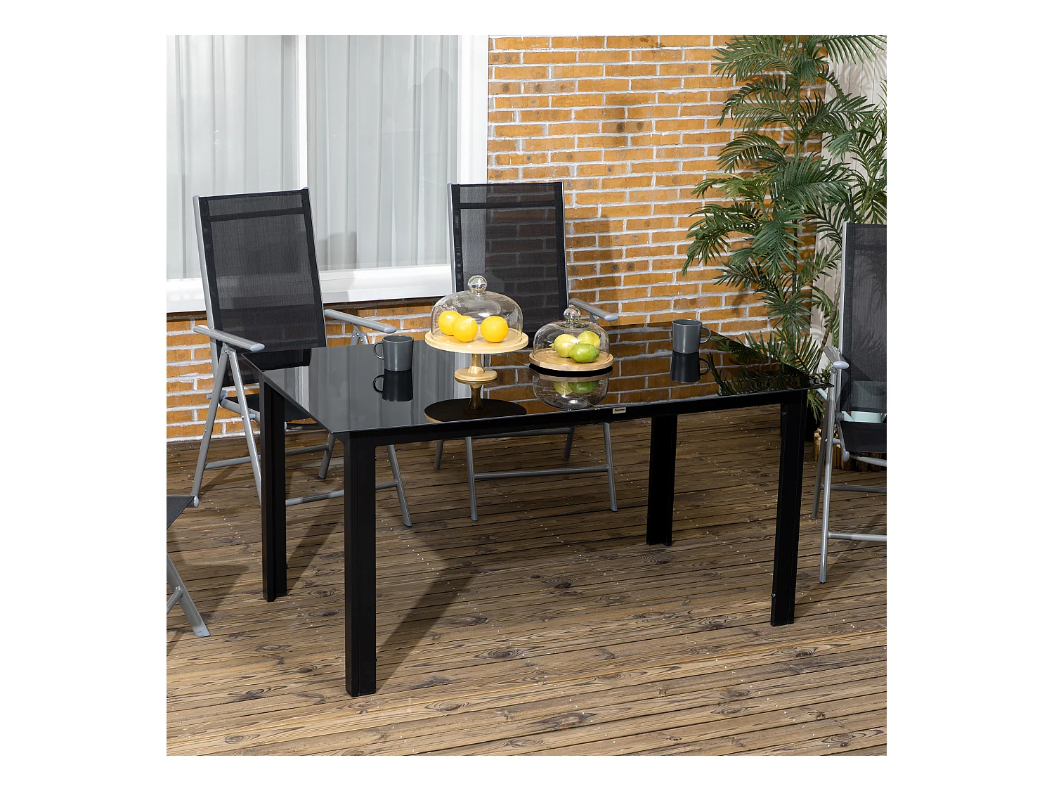 Table de jardin rectangulaire 6 personnes dim. 150L x 90l x 74H cm alu. plateau verre trempé noir
