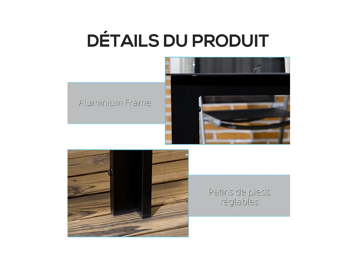 Table de jardin rectangulaire 6 personnes dim. 150L x 90l x 74H cm alu. plateau verre trempé noir