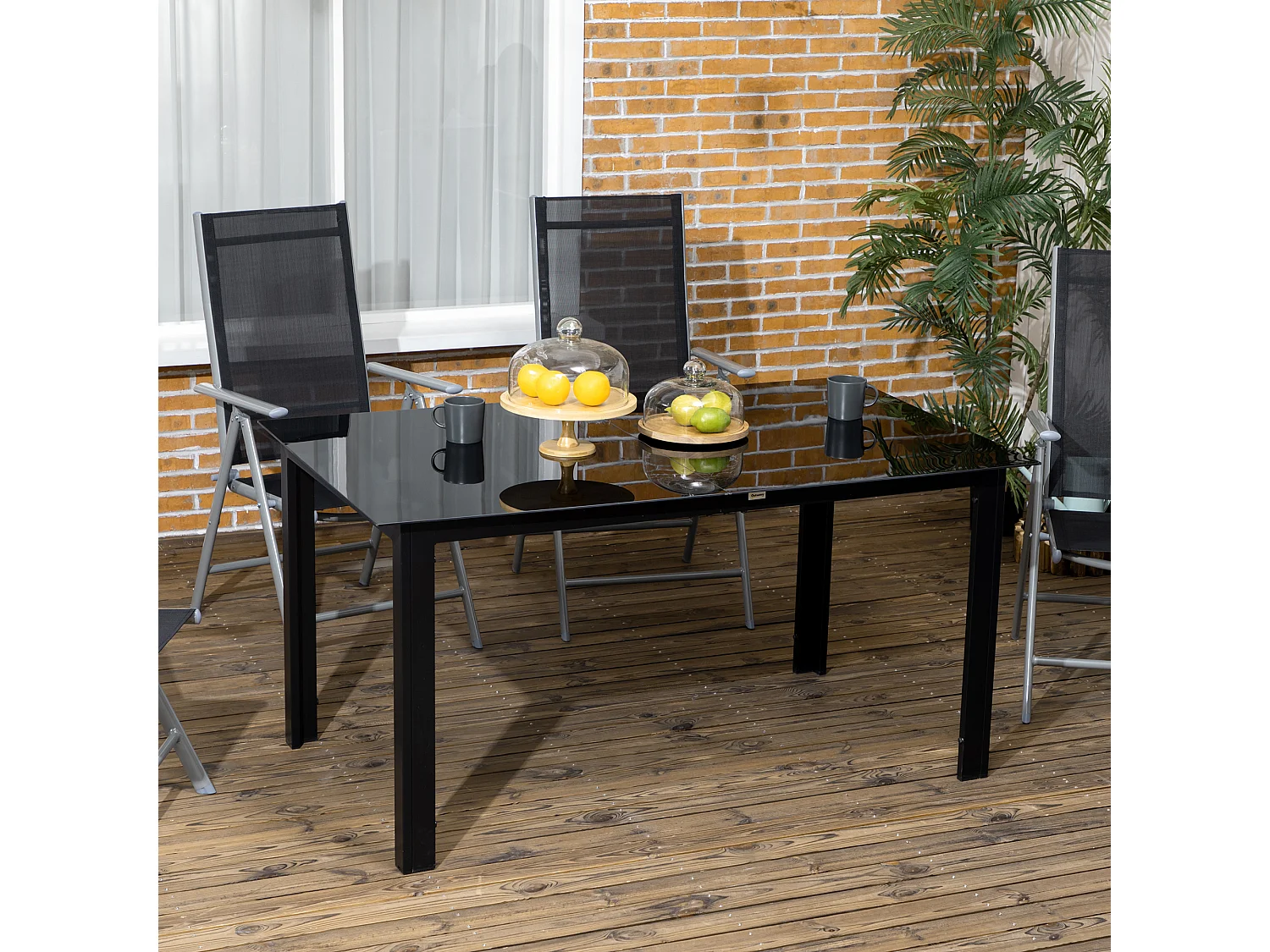 Table de jardin rectangulaire 6 personnes dim. 150L x 90l x 74H cm alu. plateau verre trempé noir