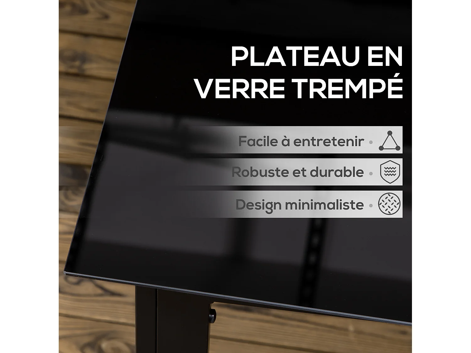 Table de jardin rectangulaire 6 personnes dim. 150L x 90l x 74H cm alu. plateau verre trempé noir