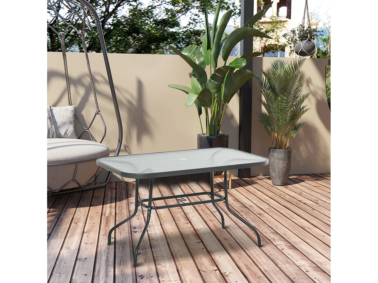 Table de jardin rectangulaire dim. 120L X 80l x 70H cm métal époxy gris plateau verre trempé