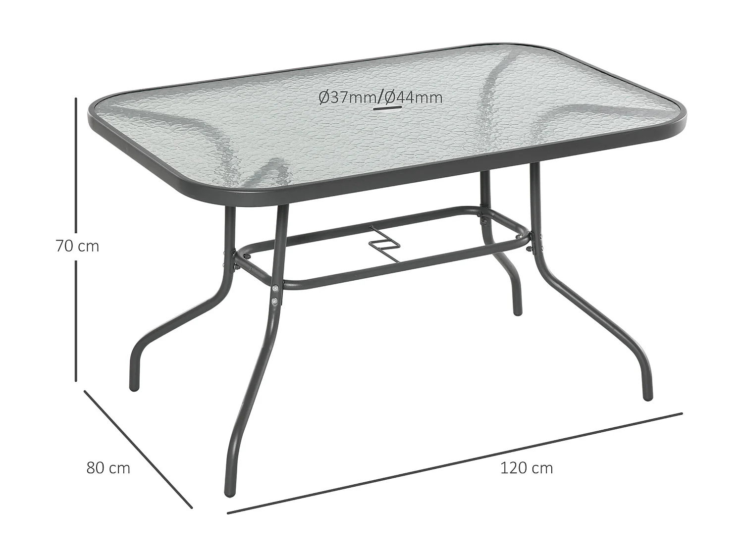 Table de jardin rectangulaire dim. 120L X 80l x 70H cm métal époxy gris plateau verre trempé