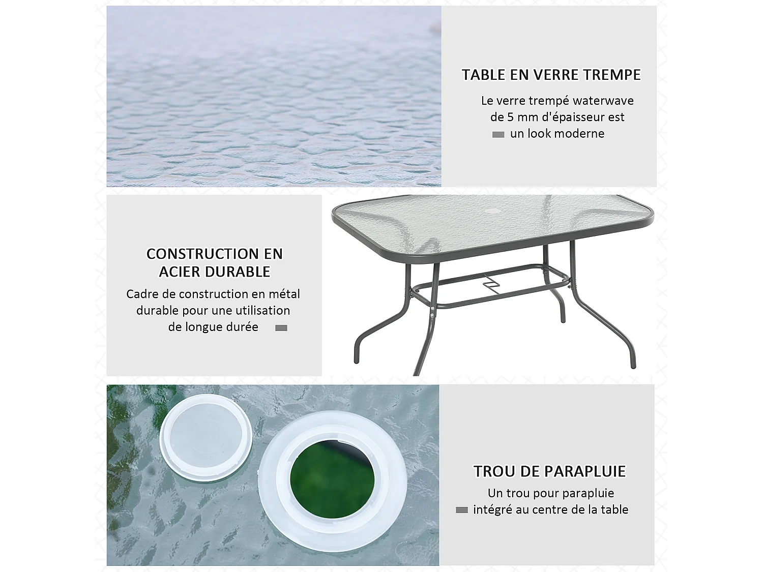 Table de jardin rectangulaire dim. 120L X 80l x 70H cm métal époxy gris plateau verre trempé