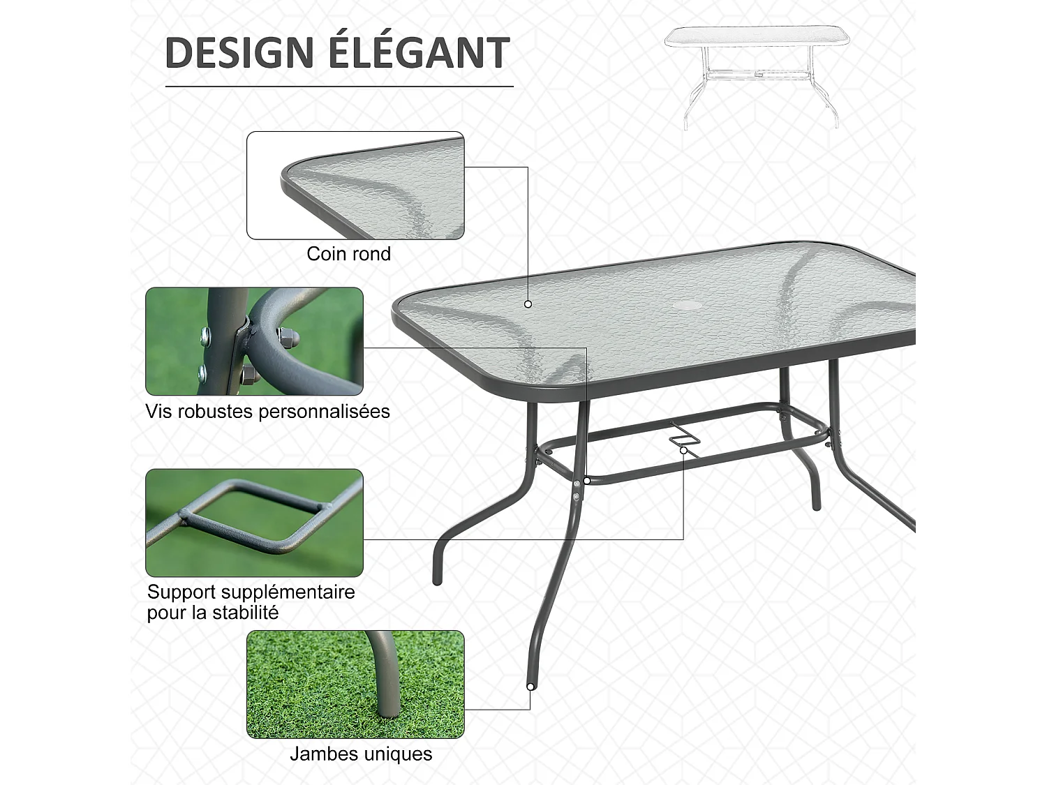 Table de jardin rectangulaire dim. 120L X 80l x 70H cm métal époxy gris plateau verre trempé