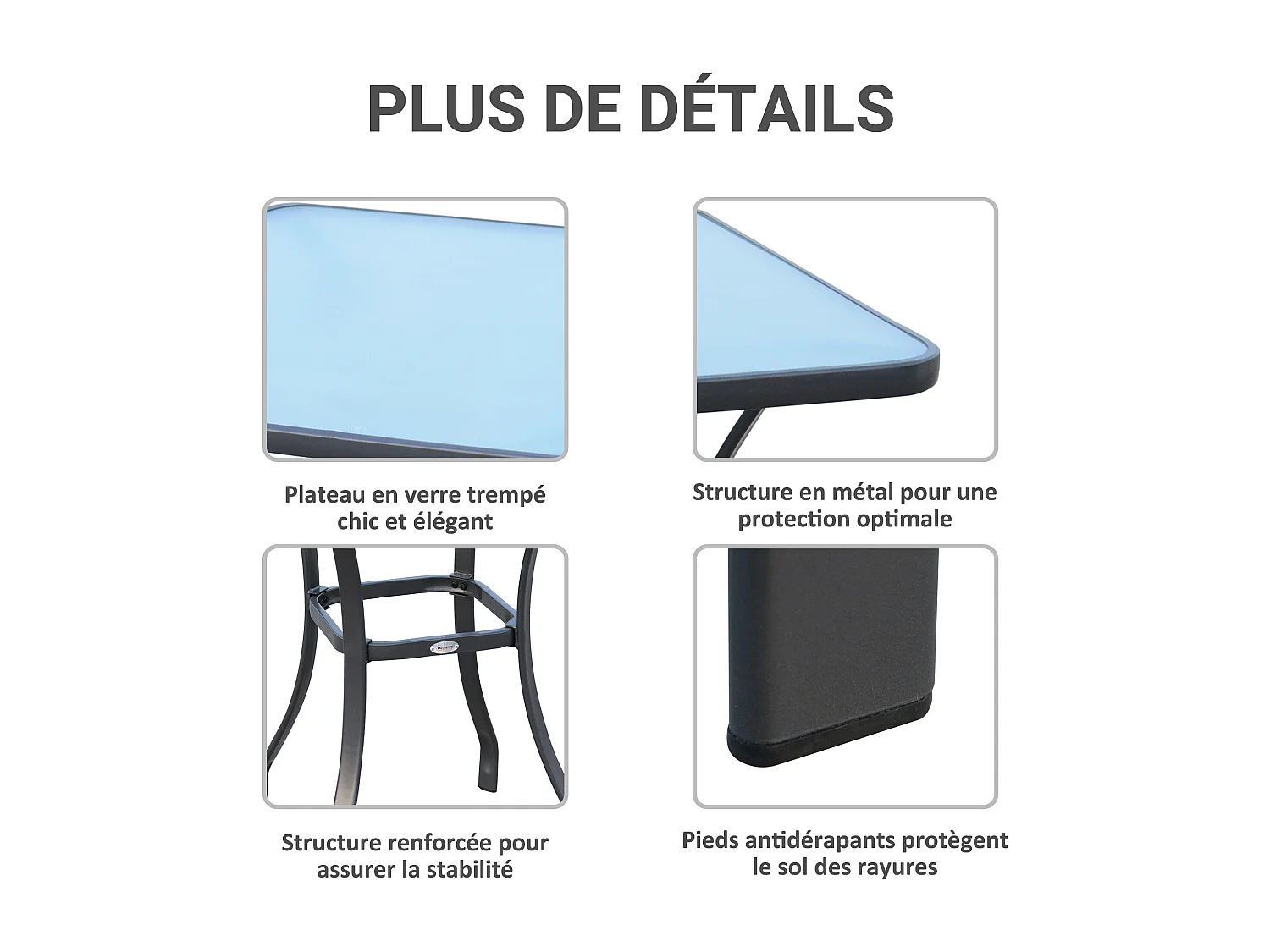 Table carrée bistro de jardin dim. 68L x 68l x 84H cm métal époxy gris plateau verre trempé granité