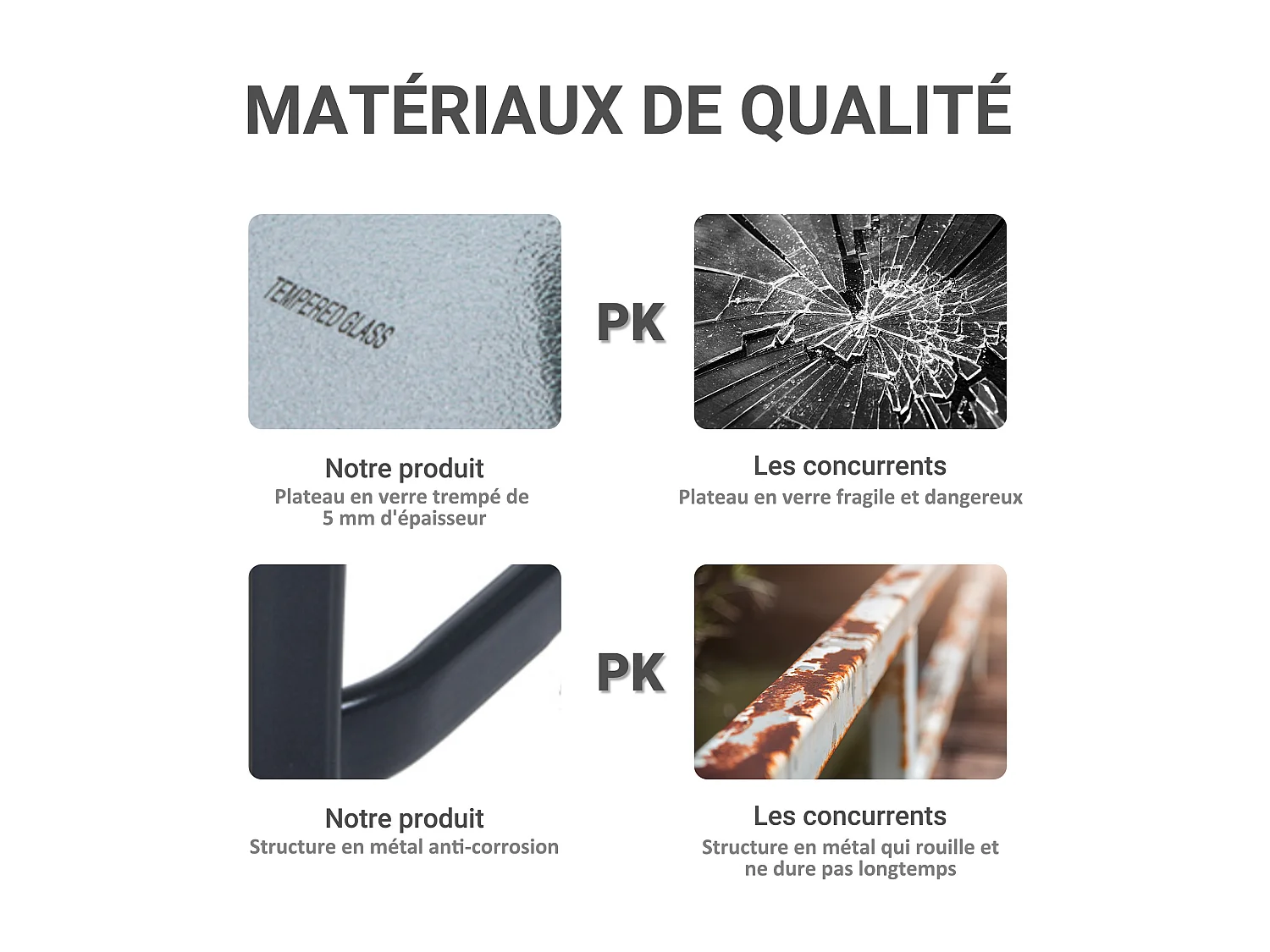 Table carrée bistro de jardin dim. 68L x 68l x 84H cm métal époxy gris plateau verre trempé granité