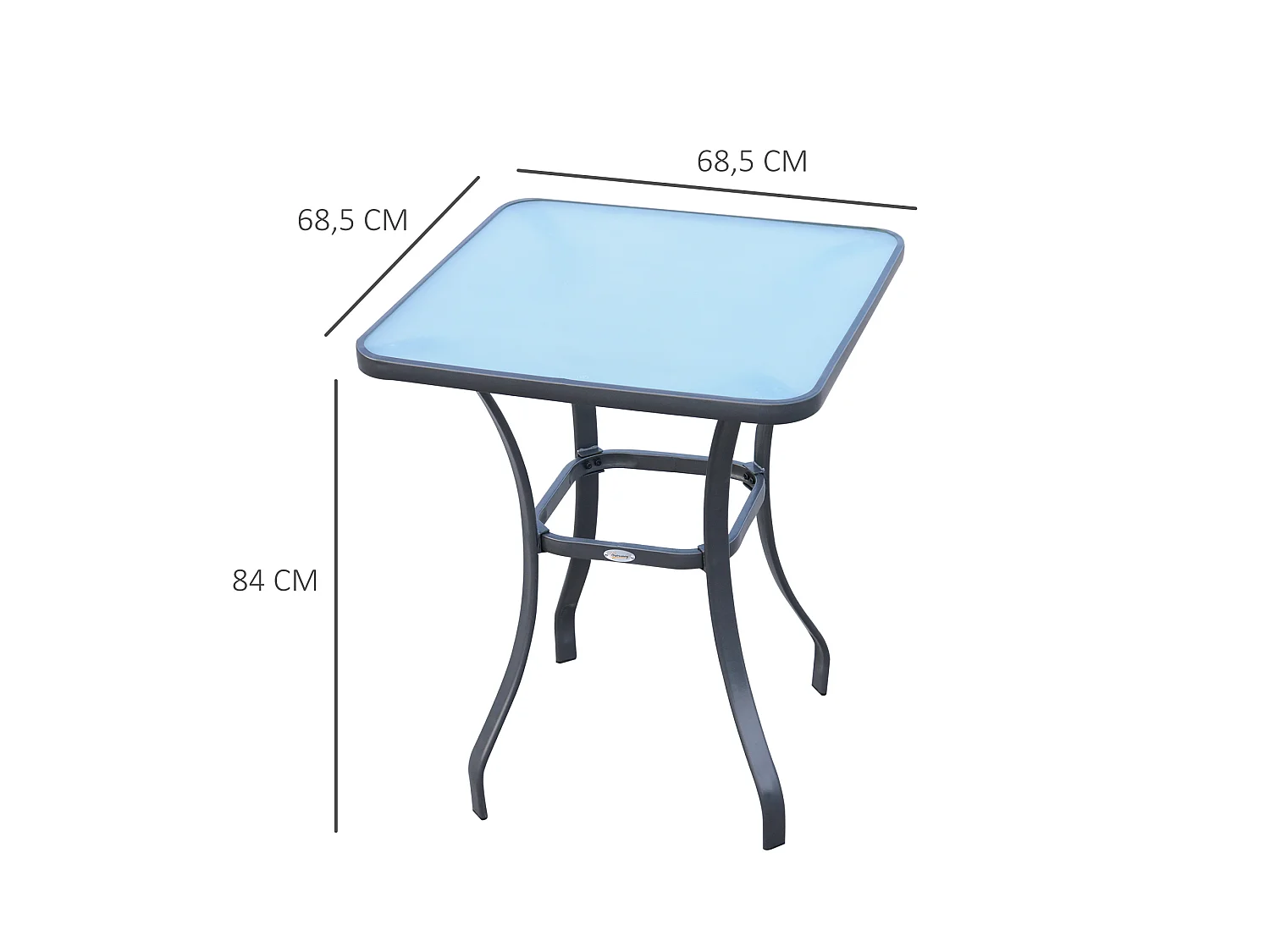 Table carrée bistro de jardin dim. 68L x 68l x 84H cm métal époxy gris plateau verre trempé granité