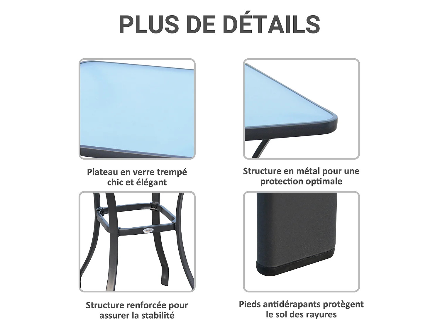 Table carrée bistro de jardin dim. 68L x 68l x 84H cm métal époxy gris plateau verre trempé granité