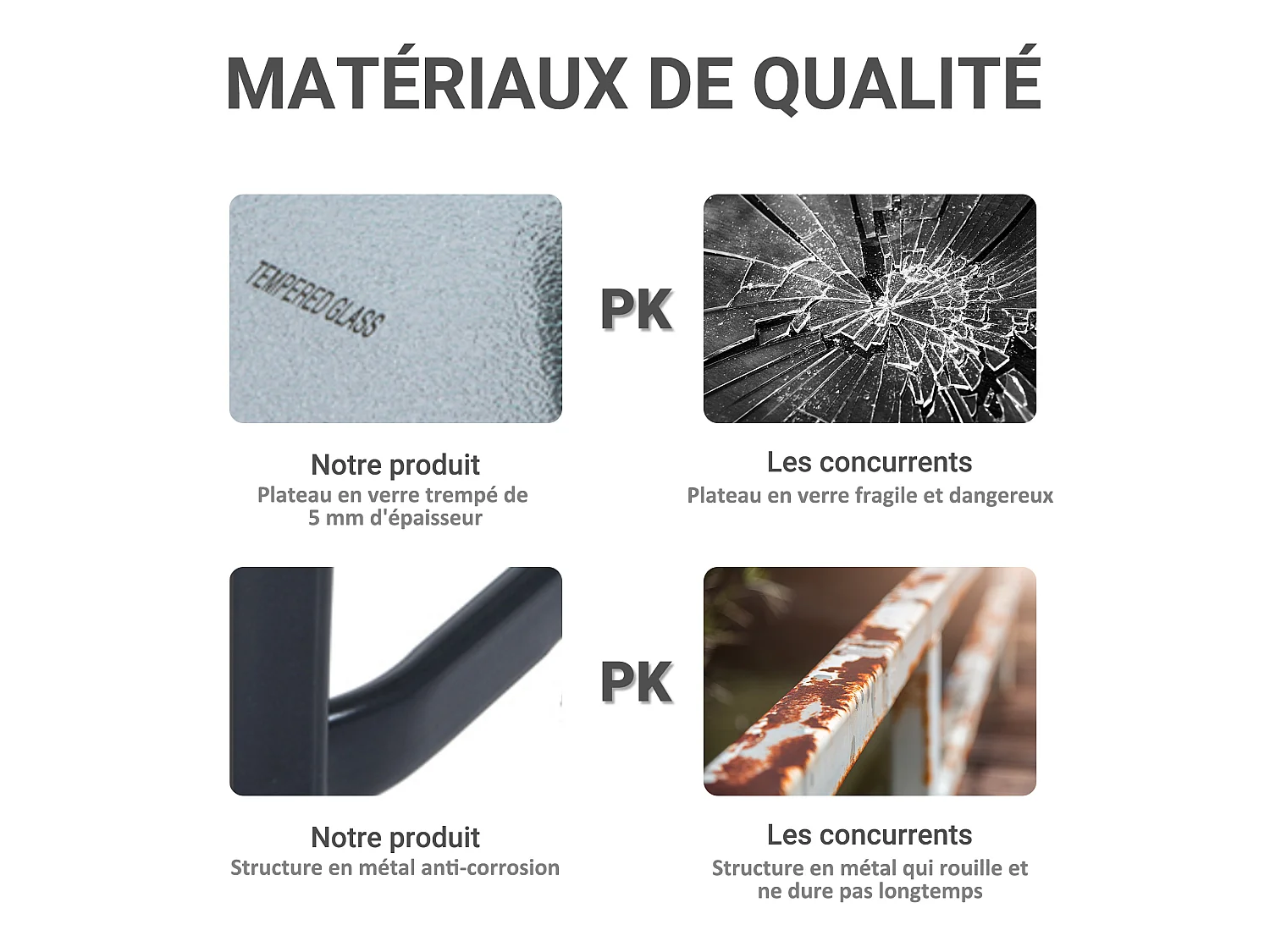 Table carrée bistro de jardin dim. 68L x 68l x 84H cm métal époxy gris plateau verre trempé granité
