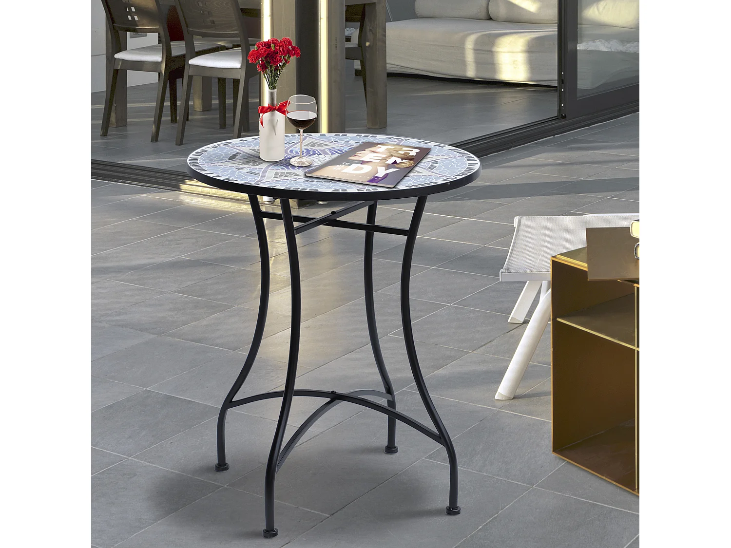 Table ronde style fer forgé bistro plateau mosaïque motif fleur métal époxy anticorrosion noir céramique