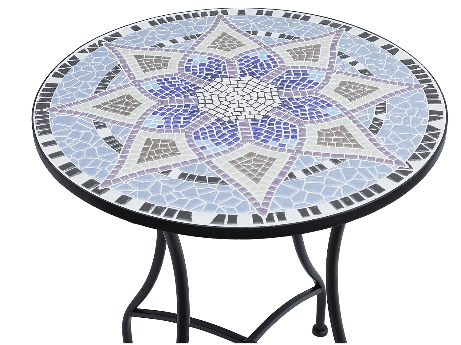 Table ronde style fer forgé bistro plateau mosaïque motif fleur métal époxy anticorrosion noir céramique