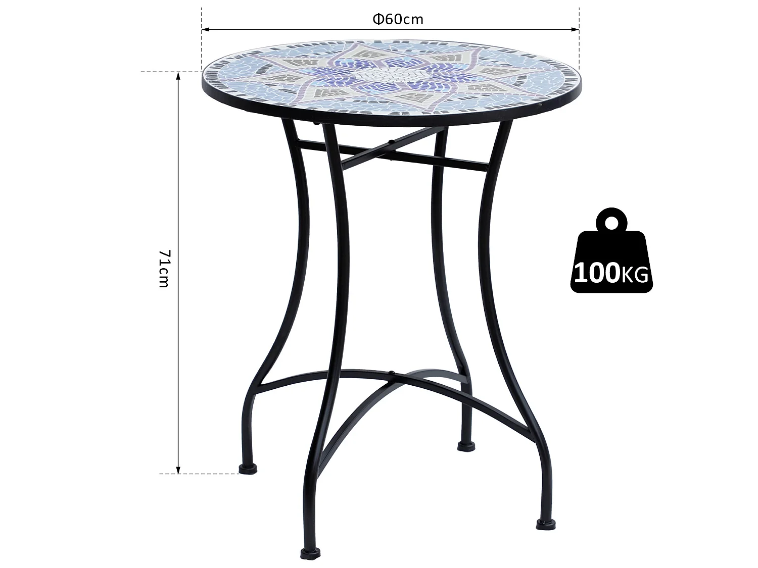 Table ronde style fer forgé bistro plateau mosaïque motif fleur métal époxy anticorrosion noir céramique