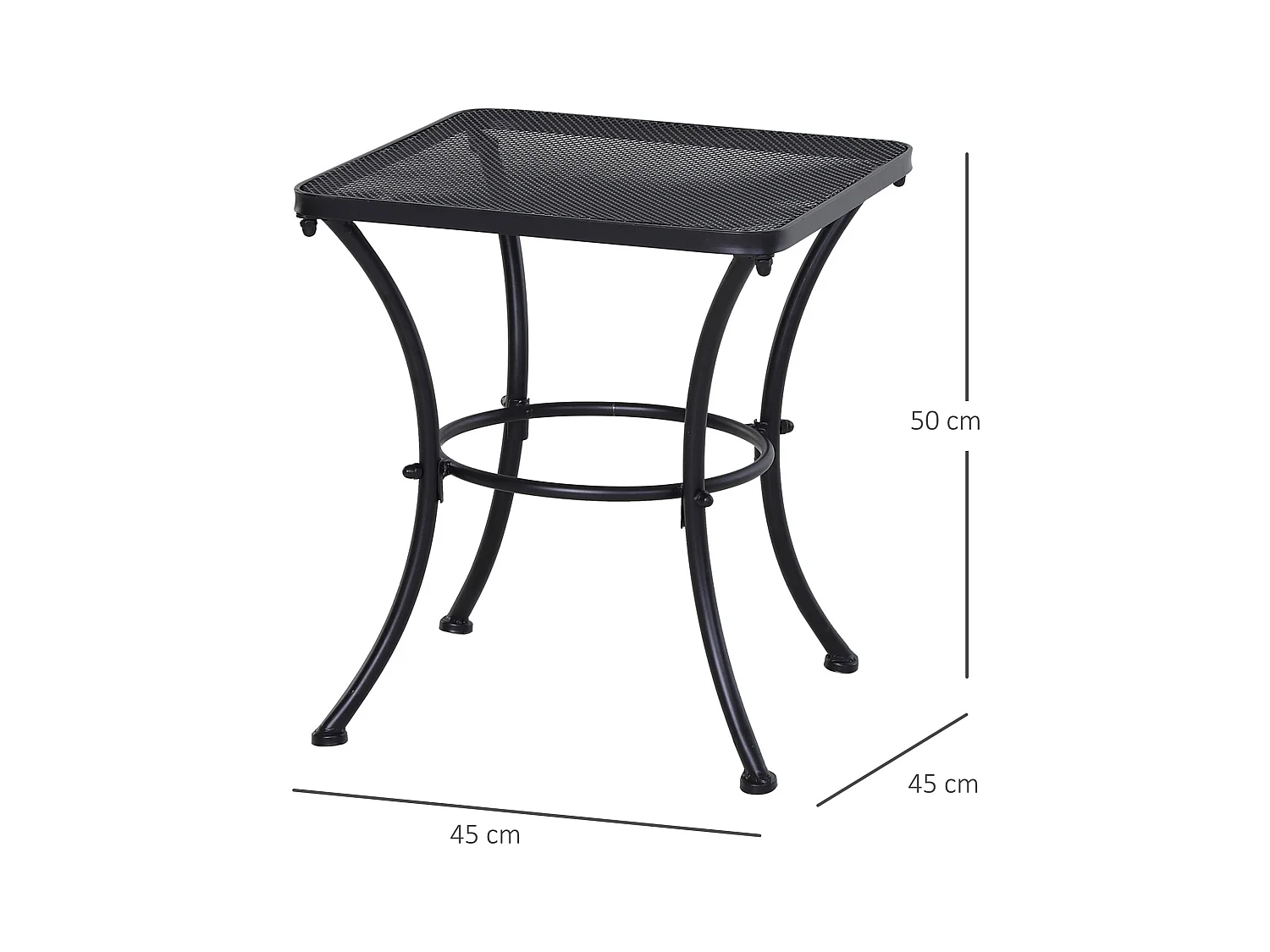 Table basse carrée bistro de jardin dim. 45L x 45l x 50H cm piètement arqué plateau maillé métal époxy anticorrosion noir