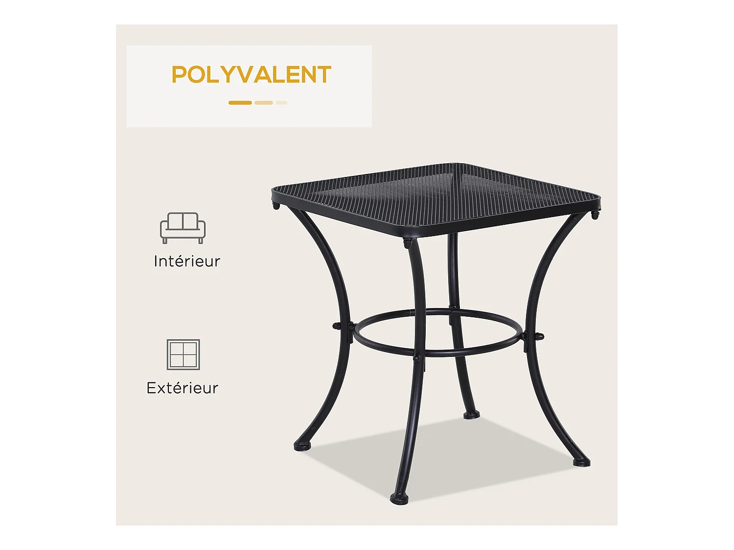 Table basse carrée bistro de jardin dim. 45L x 45l x 50H cm piètement arqué plateau maillé métal époxy anticorrosion noir