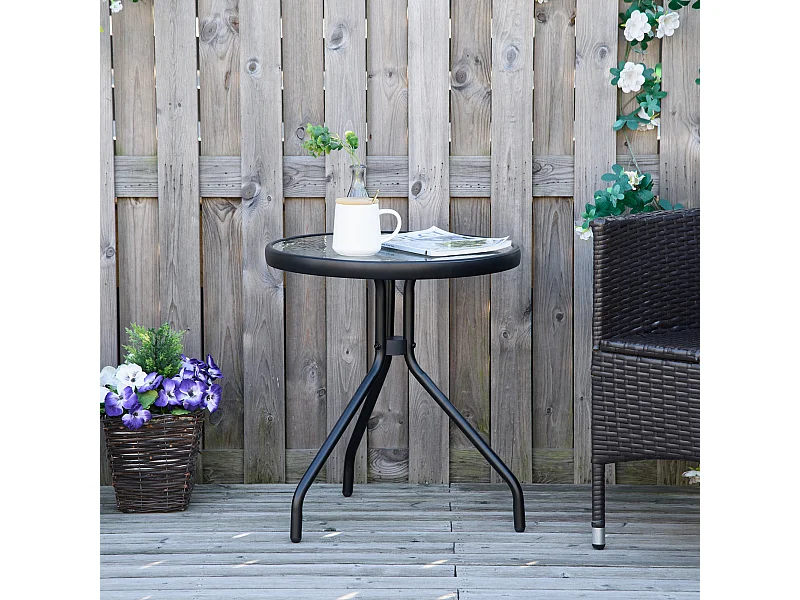 Table basse ronde bistro de jardin dim. Ø 50 x 55H cm piètement trépied métal époxy noir plateau verre trempé