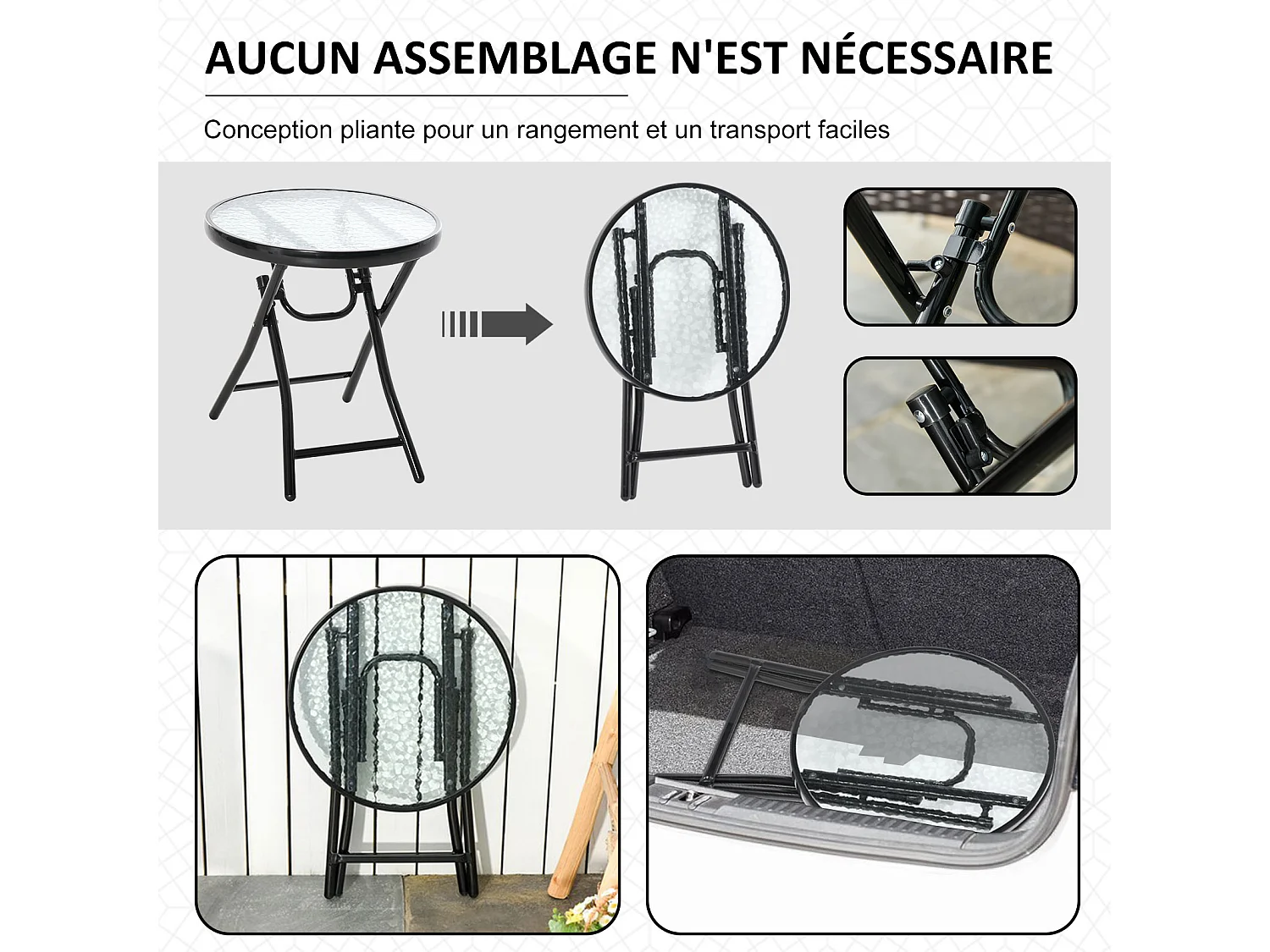 Table basse ronde bistro de jardin Ø 45 x 50H cm pliable métal époxy noir plateau verre trempé