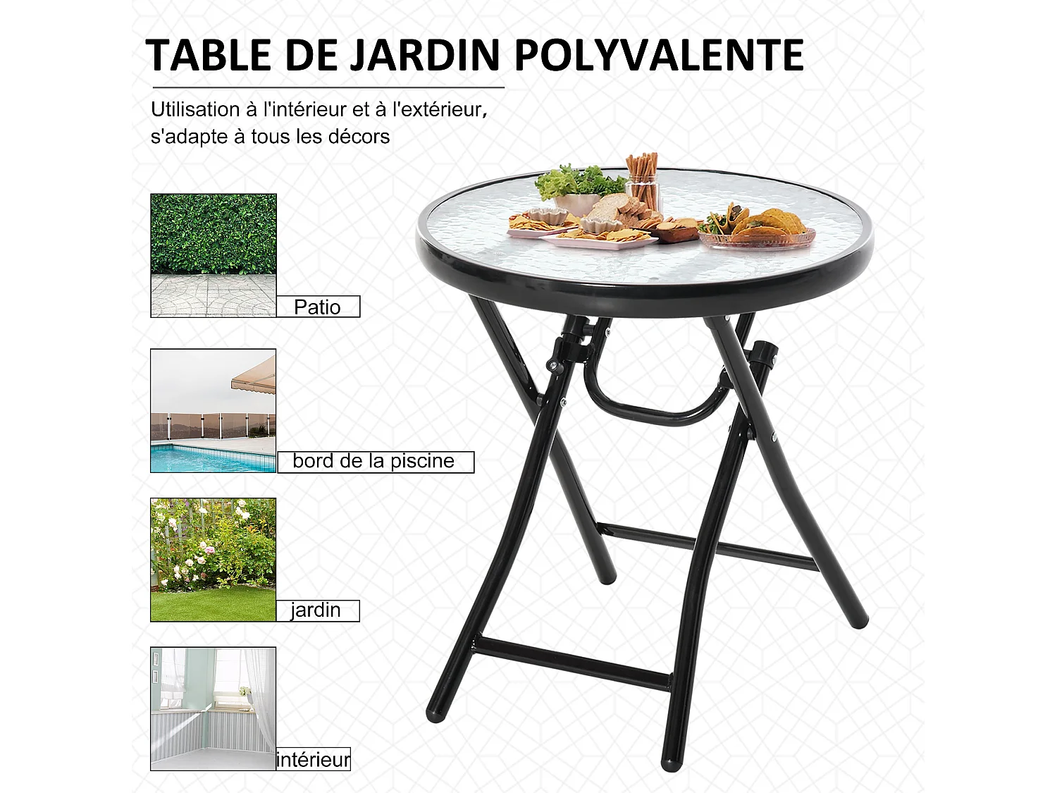 Table basse ronde bistro de jardin Ø 45 x 50H cm pliable métal époxy noir plateau verre trempé