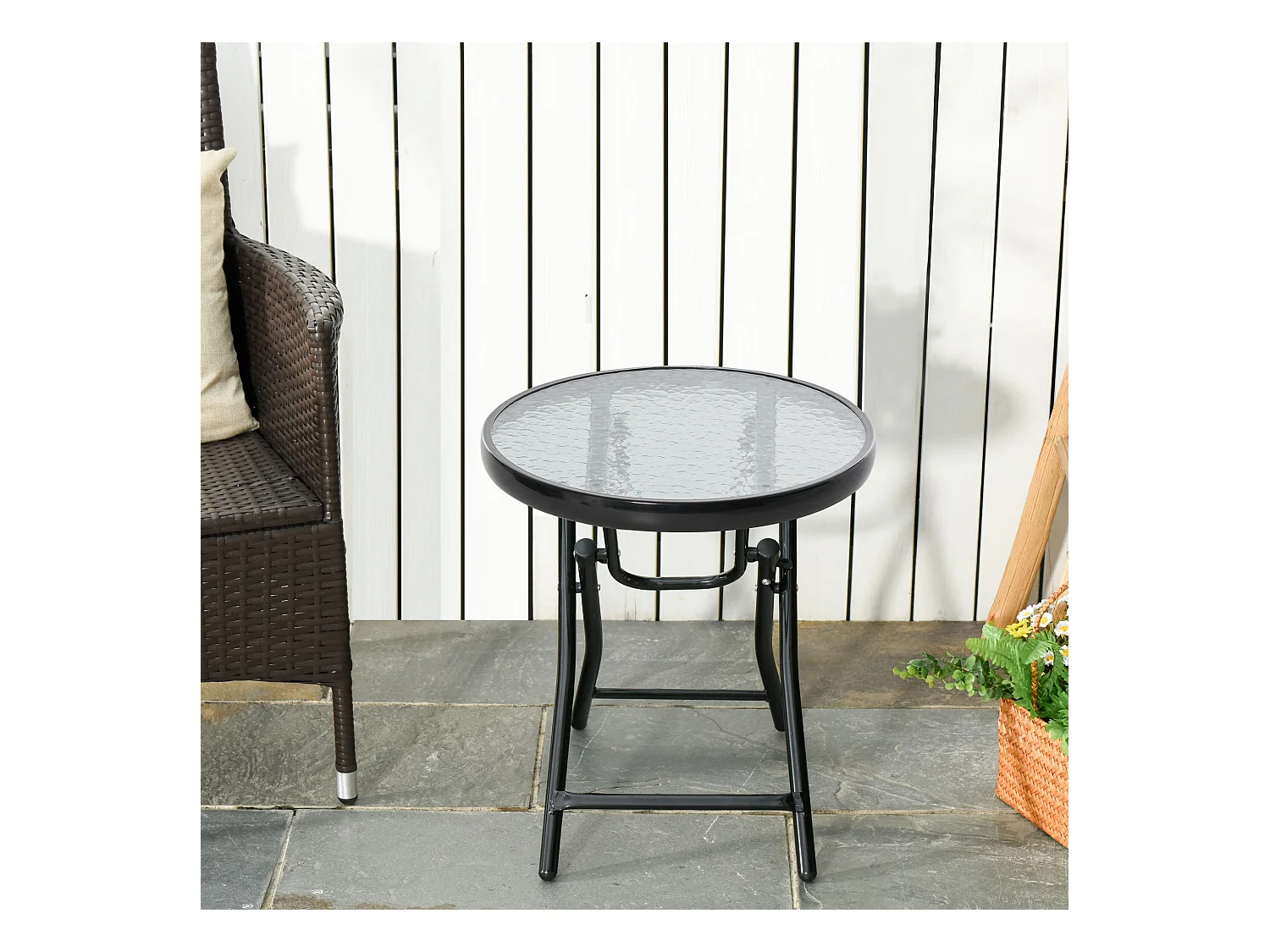 Table basse ronde bistro de jardin Ø 45 x 50H cm pliable métal époxy noir plateau verre trempé