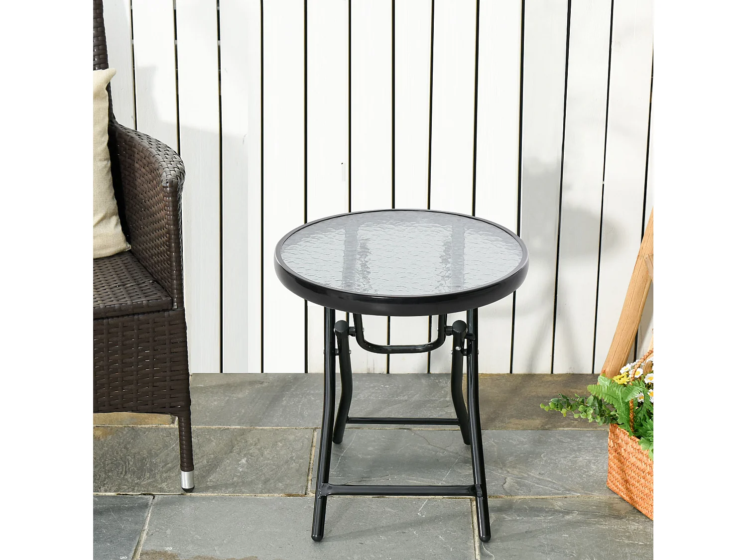 Table basse ronde bistro de jardin Ø 45 x 50H cm pliable métal époxy noir plateau verre trempé