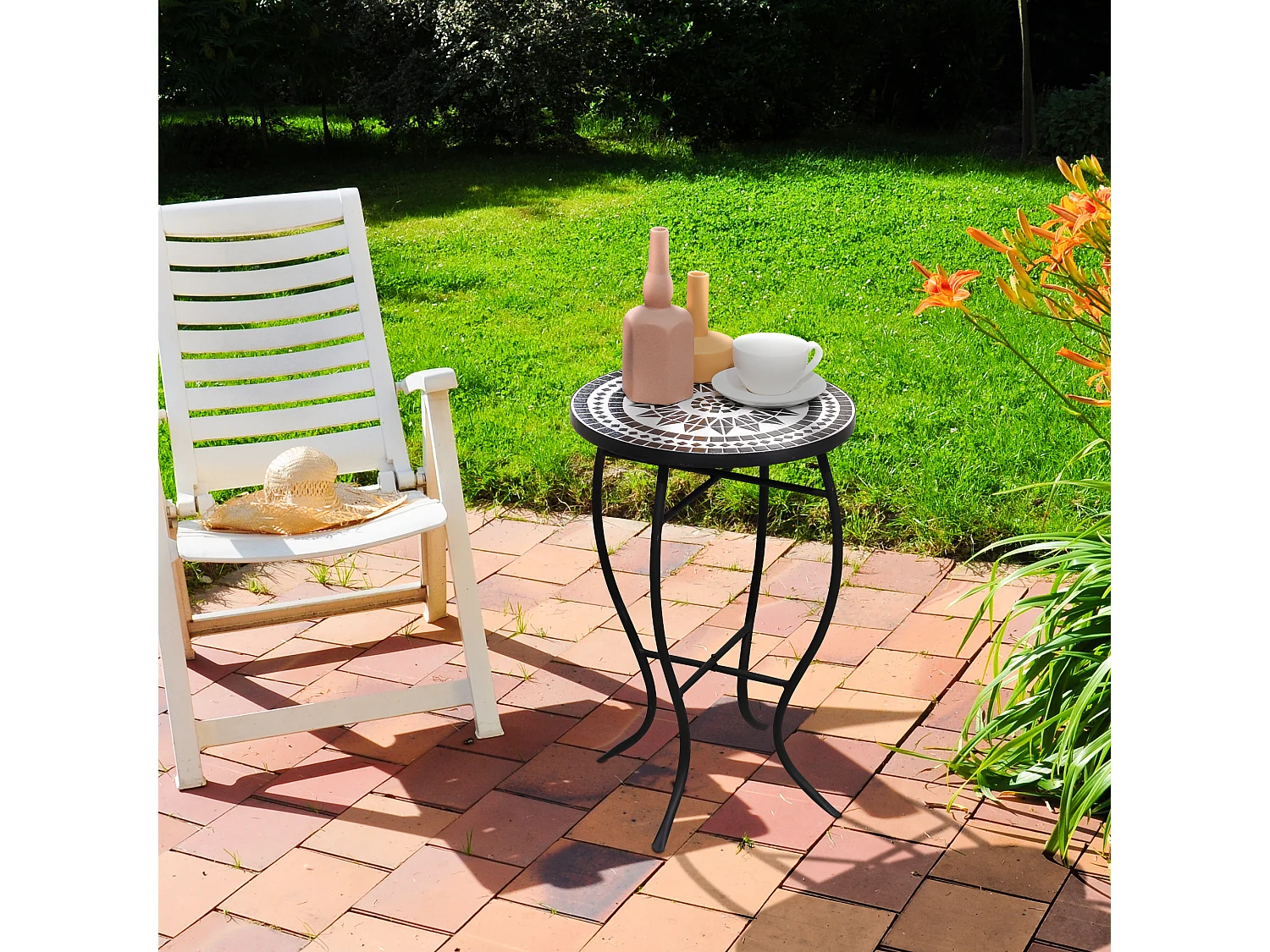 Table Bistro Ronde Outsunny Style Fer Forgé - Plateau Mosaïque Motif Fleur Noir Ø60cm