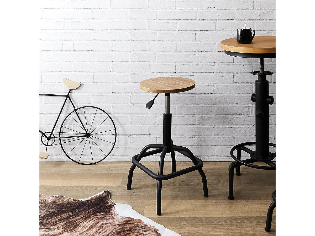 VARUS - Tabouret Réglable Vintage en Bois d'Orme et Métal