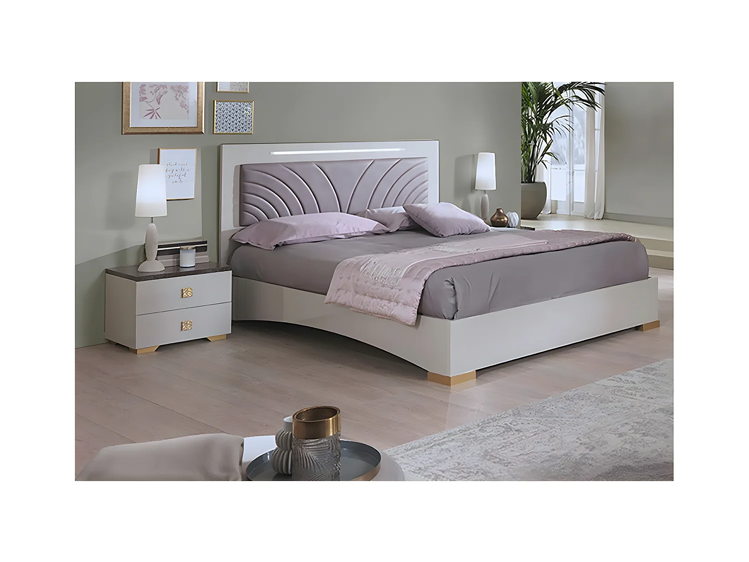 PANACA - Ensemble Lit 140x190cm avec Leds + 2 Chevets