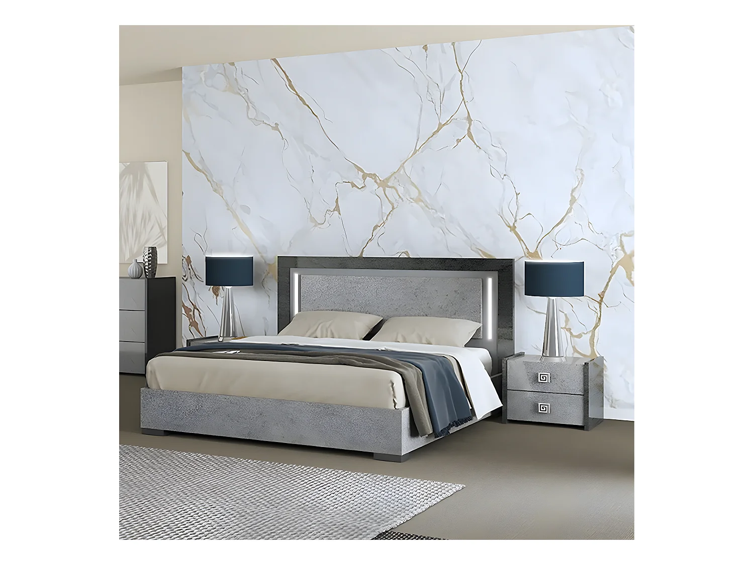 HYDE - Ensemble Lit 140x190cm avec Leds + 2 Chevets