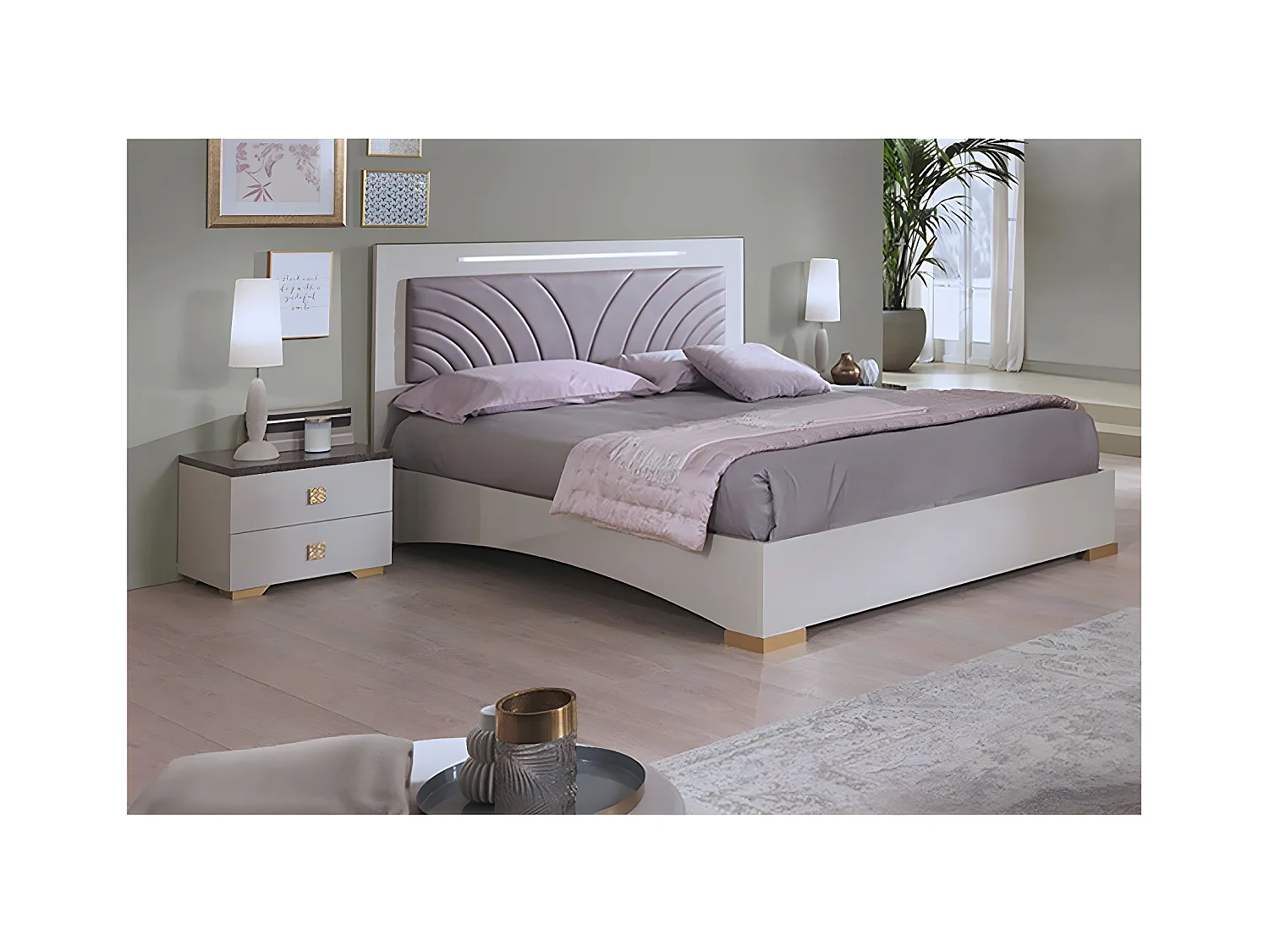 PANACA - Ensemble Lit 160x200cm avec Leds + 2 Chevets