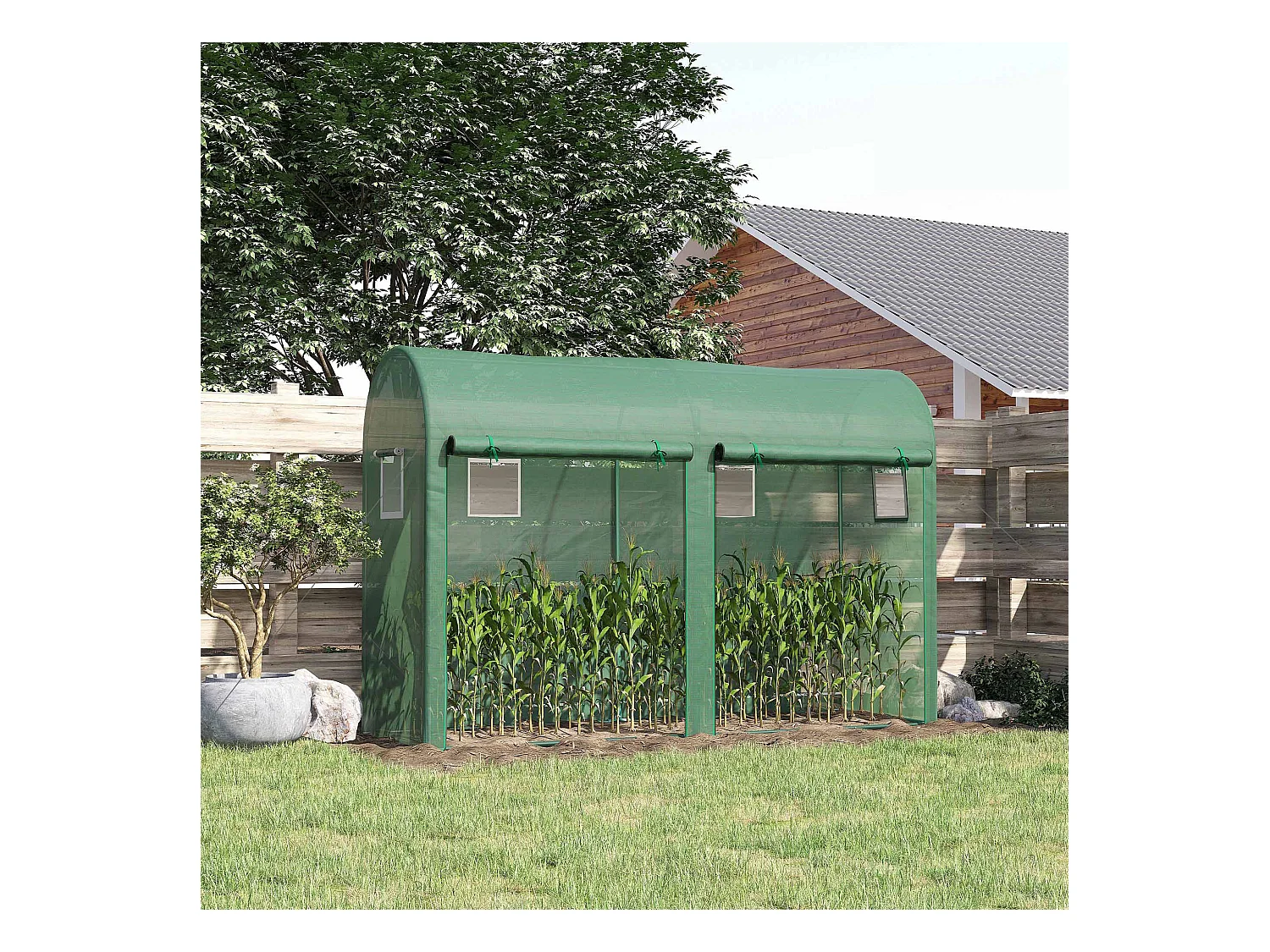 Serre de Jardin serre à tomates dim. 3L x 1l x 2H m 2 portes zippées déroulantes 4 fenêtres enroulables acier PE haute densité 140 g/m² anti-UV vert