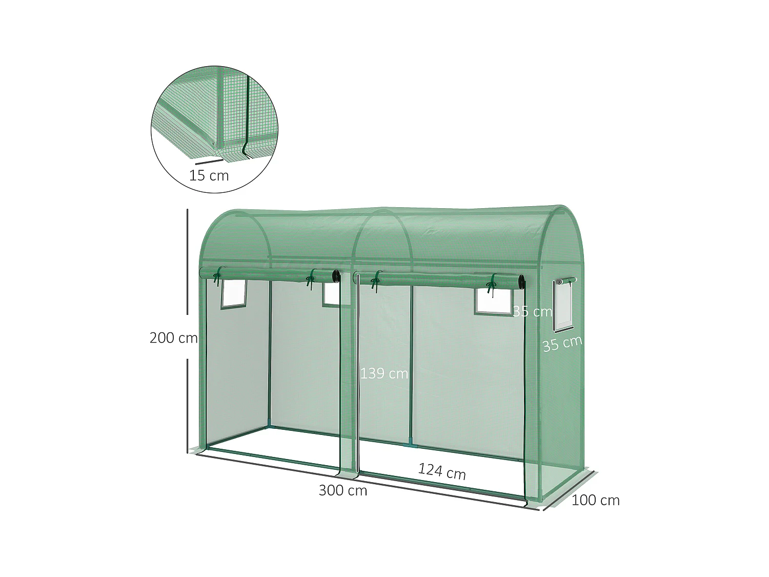 Serre de Jardin serre à tomates dim. 3L x 1l x 2H m 2 portes zippées déroulantes 4 fenêtres enroulables acier PE haute densité 140 g/m² anti-UV vert