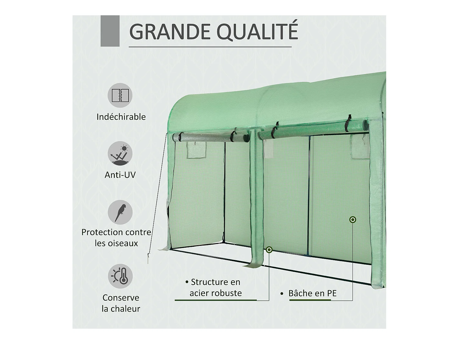 Serre de Jardin serre à tomates dim. 3L x 1l x 2H m 2 portes zippées déroulantes 4 fenêtres enroulables acier PE haute densité 140 g/m² anti-UV vert
