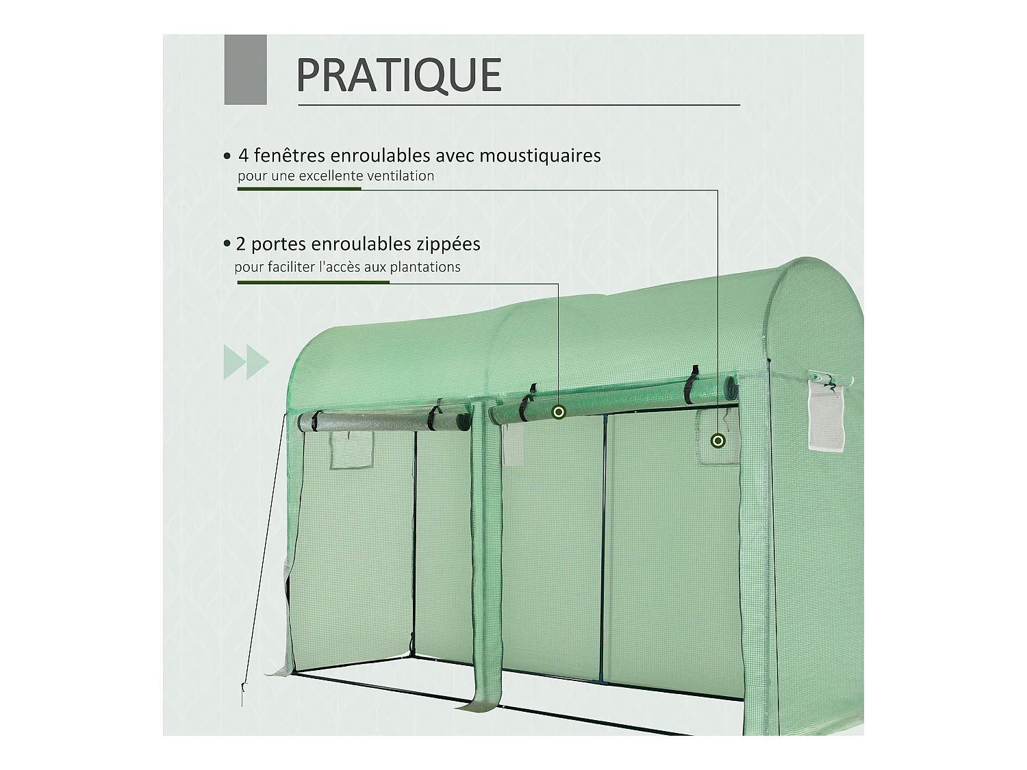 Serre de Jardin serre à tomates dim. 3L x 1l x 2H m 2 portes zippées déroulantes 4 fenêtres enroulables acier PE haute densité 140 g/m² anti-UV vert