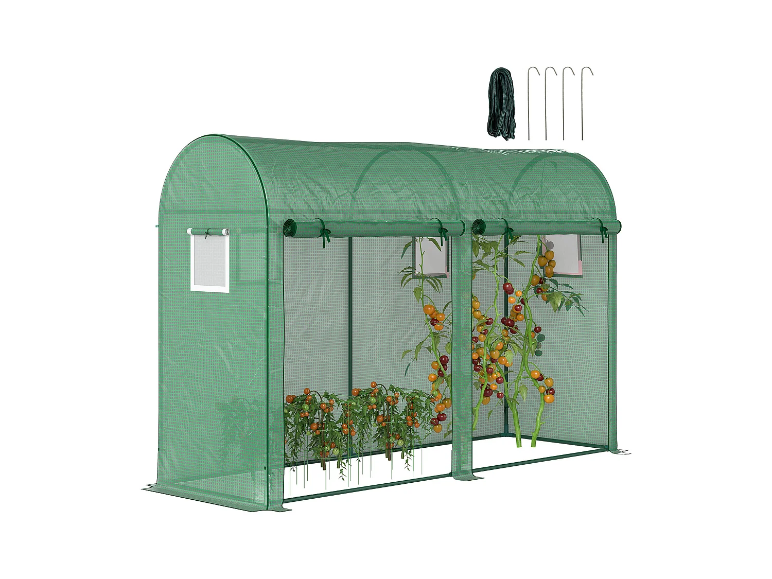 Serre de Jardin serre à tomates dim. 3L x 1l x 2H m 2 portes zippées déroulantes 4 fenêtres enroulables acier PE haute densité 140 g/m² anti-UV vert