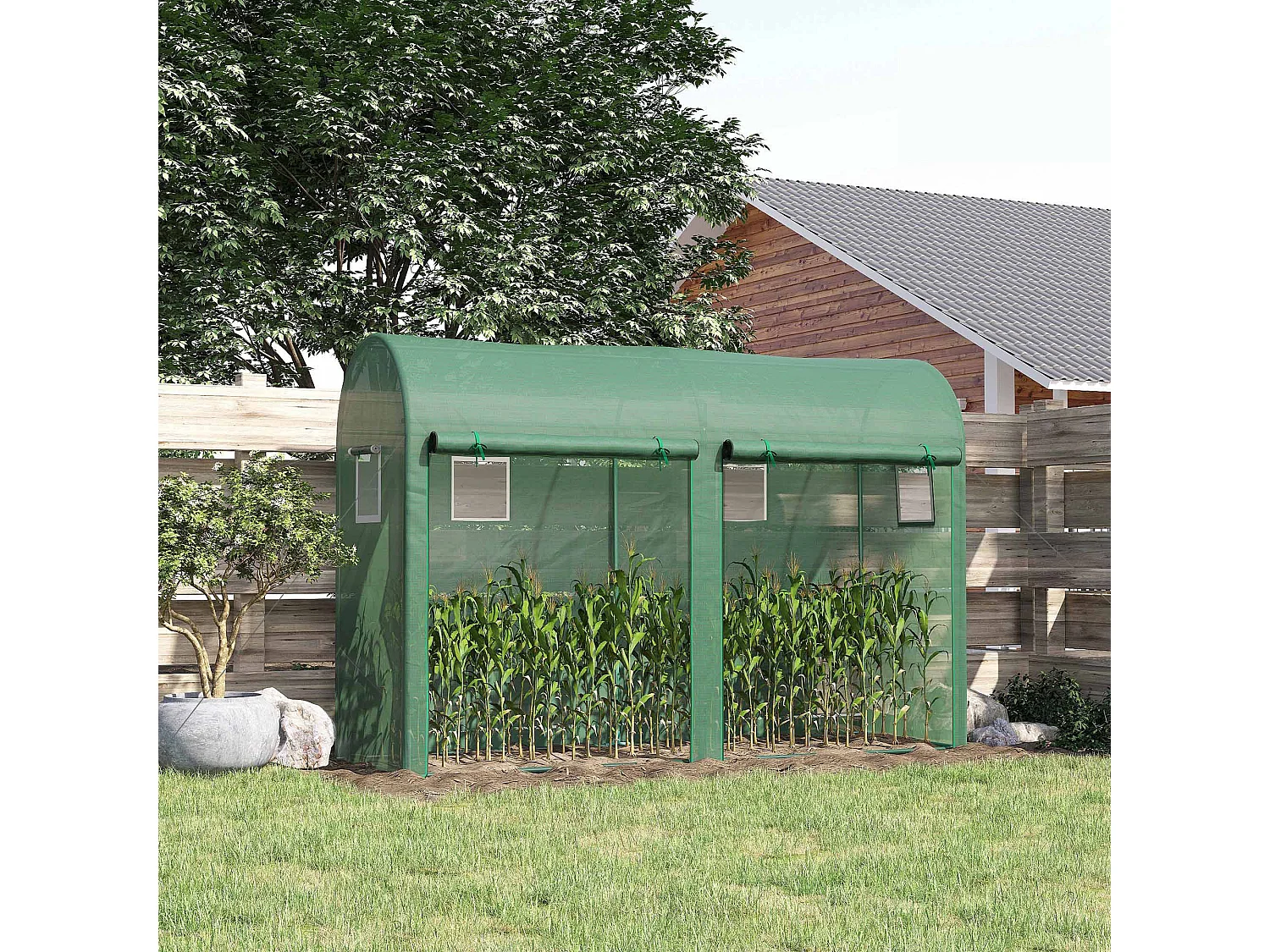 Serre de Jardin serre à tomates dim. 3L x 1l x 2H m 2 portes zippées déroulantes 4 fenêtres enroulables acier PE haute densité 140 g/m² anti-UV vert