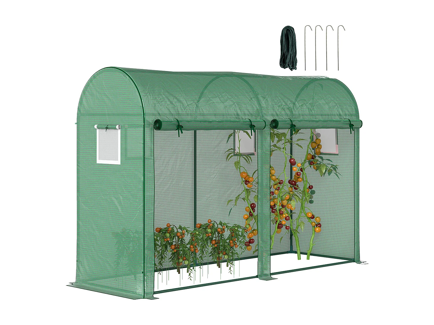 Serre de Jardin serre à tomates dim. 3L x 1l x 2H m 2 portes zippées déroulantes 4 fenêtres enroulables acier PE haute densité 140 g/m² anti-UV vert