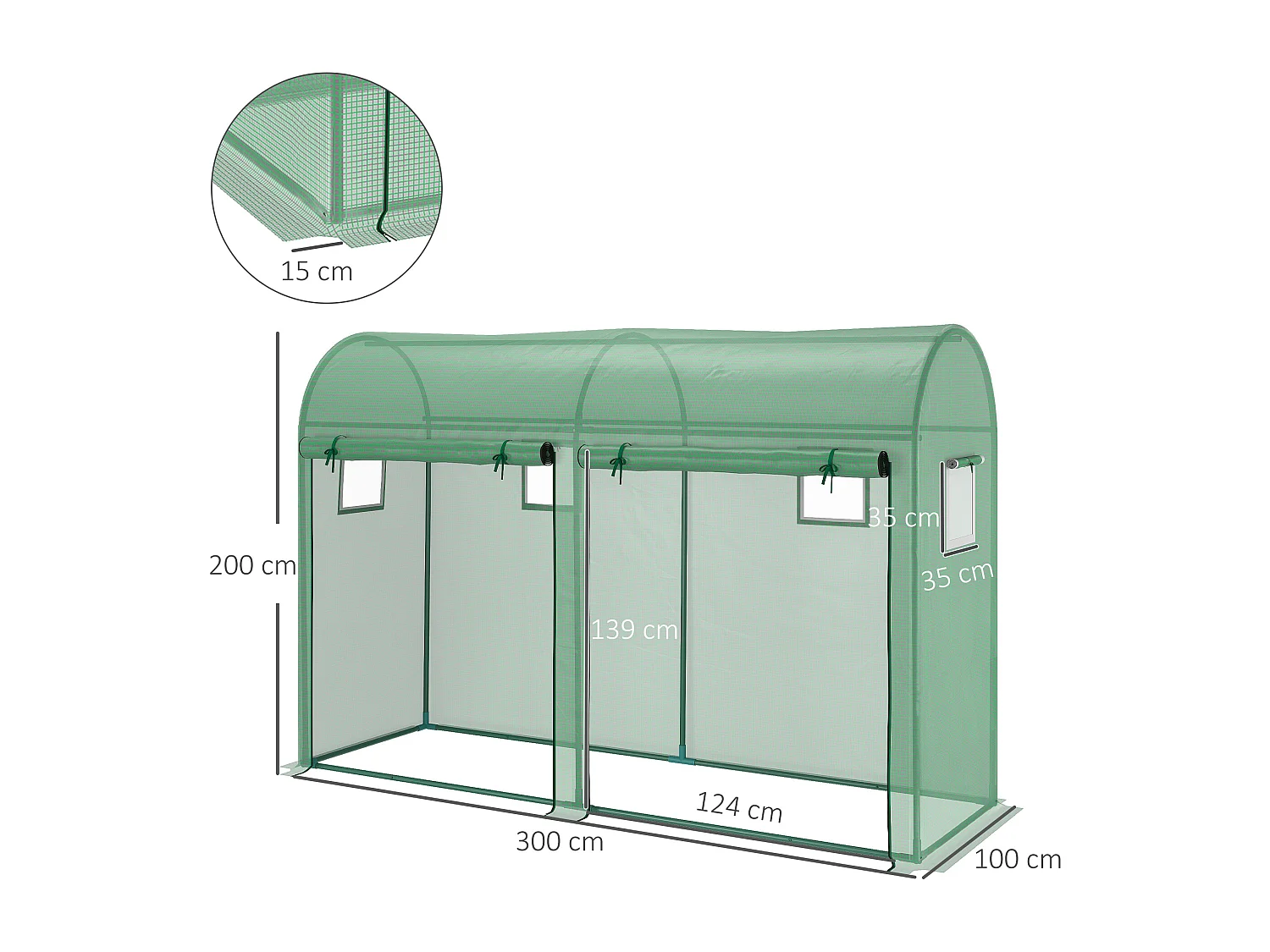 Serre de Jardin serre à tomates dim. 3L x 1l x 2H m 2 portes zippées déroulantes 4 fenêtres enroulables acier PE haute densité 140 g/m² anti-UV vert