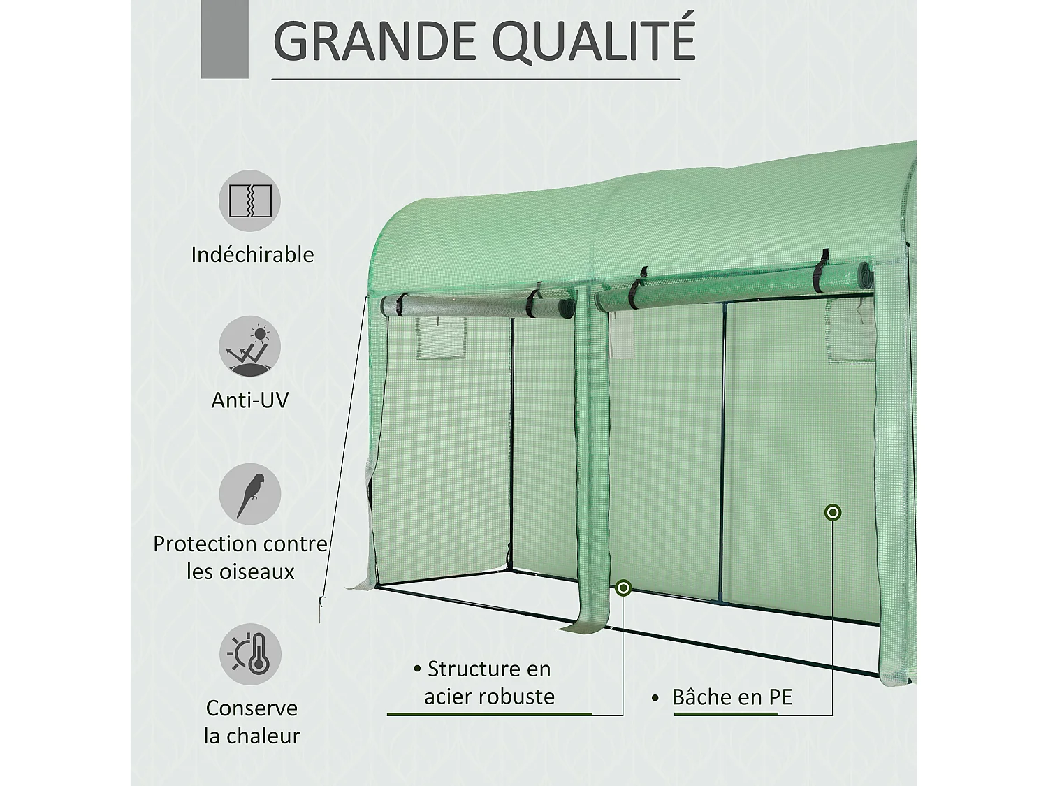 Serre de Jardin serre à tomates dim. 3L x 1l x 2H m 2 portes zippées déroulantes 4 fenêtres enroulables acier PE haute densité 140 g/m² anti-UV vert