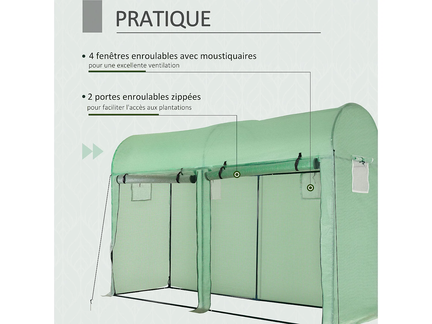 Serre de Jardin serre à tomates dim. 3L x 1l x 2H m 2 portes zippées déroulantes 4 fenêtres enroulables acier PE haute densité 140 g/m² anti-UV vert